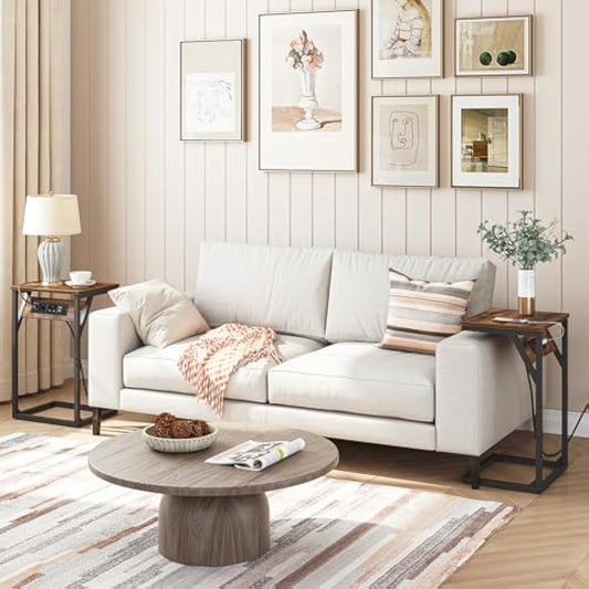 HOOBRO C Shaped Side Table, Sofa Side Table with Charging Station, 2 Plug Sockets and 2 USB Ports, Narrow Bedside Table for Small Spaces, Laptop Table for Sofa, Rustic Brown and Black EBF06KSF01