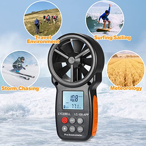 Anemometer Handheld, LC-100-APP Digital Wind Speed Meter APP Connect with Wireless Bluetooth for Measuring Wind Chill, Wind Speed, Temperature, Air