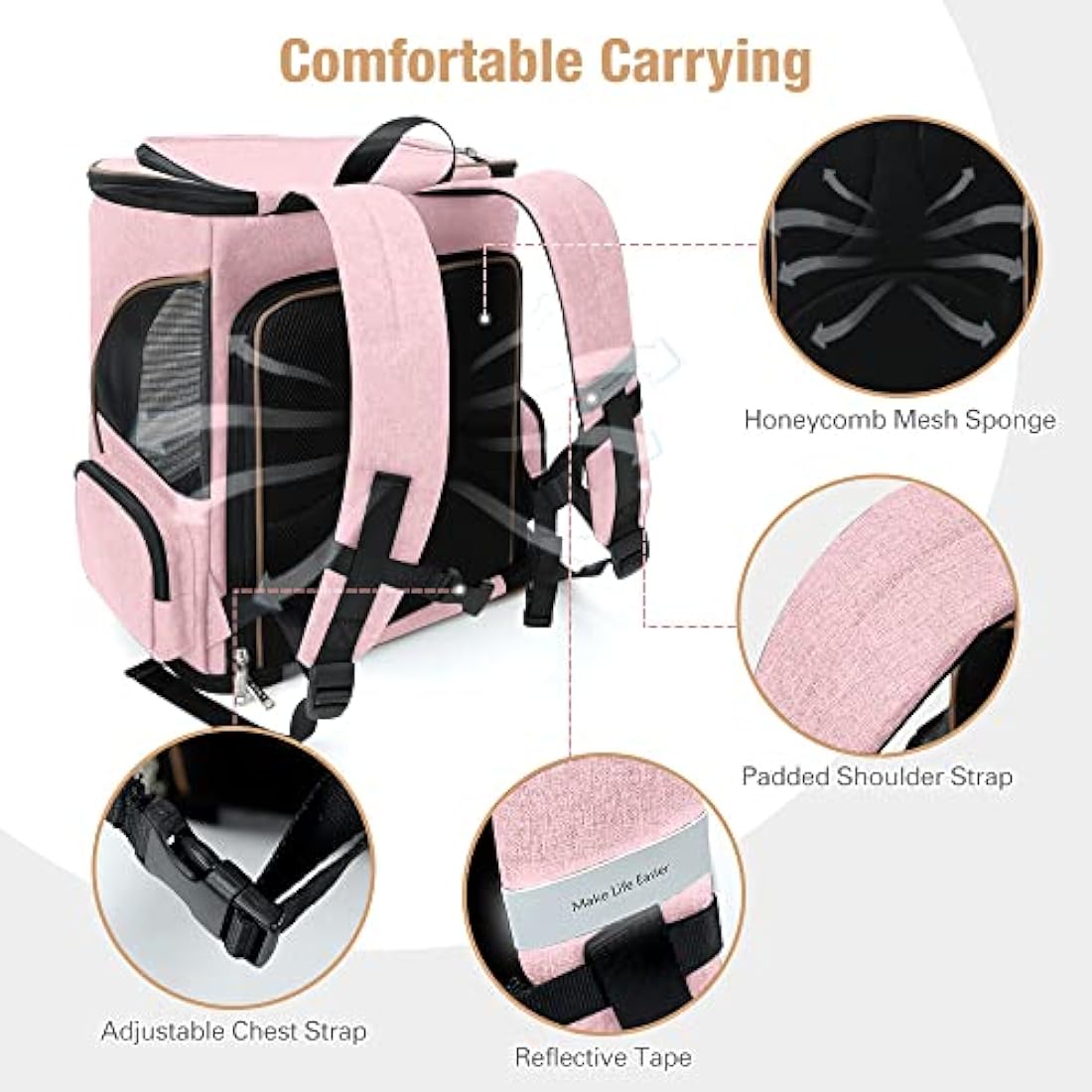 Lekesky Expandable Cat Carrier Backpack - Portable Breathable Rucksack for Medium and Small Cats & Dogs, Foldable with Inner Escape-proof Leash and Pet Mat, Supports 20 lbs (Pink)
