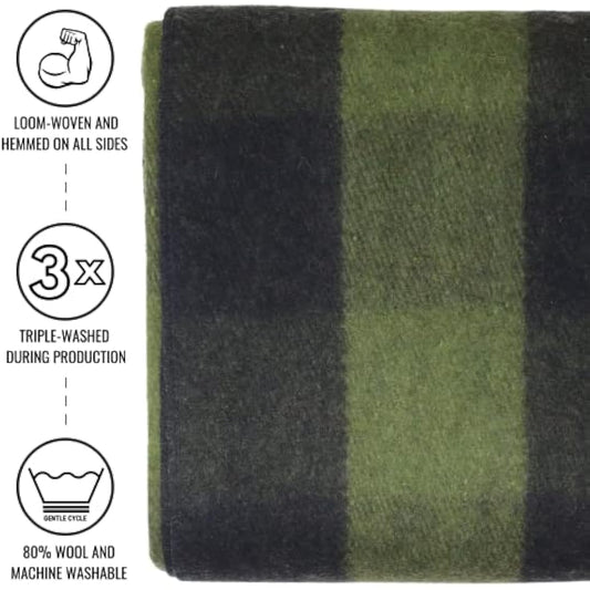 Arcturus Backwoods Wool Blanket - 4.5lbs, Warm, Heavy, Washable, Large | Great for Camping, Outdoors, Survival & Emergency Kits (Olive Green Buffalo)