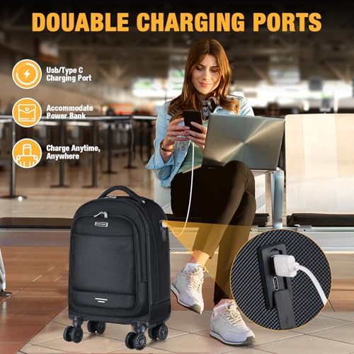 Ponhog Wheeled Backpack - 15.6 Inch Laptop Travel Backpack with 4 Spinner Wheels, Flight Approved Trolley Rucksack for Women & Men, Cabin Approved Carry On Luggage,Black