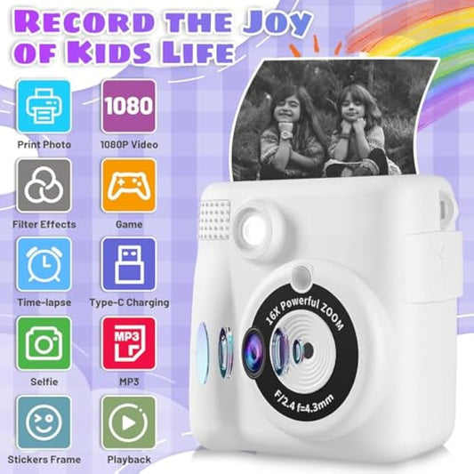 Instant Print Camera, Kids Camera Digital Camera 1080P HD Photo and Video Recording with 32G SD Card, 3 Rolls Photo Paper for Age 6-12 Boys and Girls Birthday Chirstmas Gifts (White)