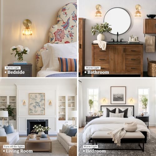 Shenmoyl Vintage Wall Lights Set of 2 Wall Lamps Indoor Gold Wall Sconces 180 Degree Adjustable with Switch for Living Room Bedroom Bedside Bathroom Tulip Amber