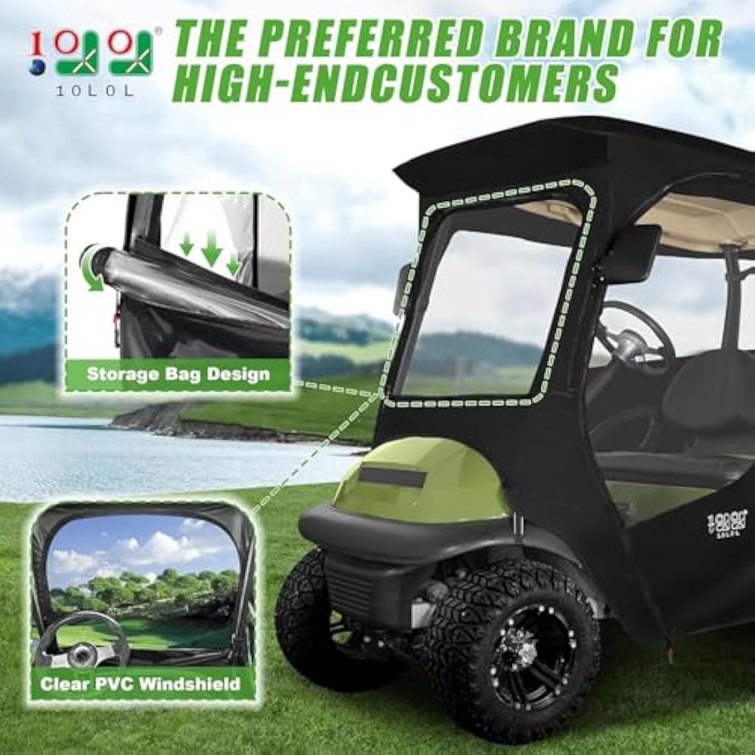 10L0L Golf Cart Deluxe Enclosure for 2 Passenger Club Car Precedent & Temo,600D Windproof Waterproof 4-Sided Protection Golf Buggy Keep Warm Cover Driving Enclosure,Roof up to 59" L(Black)
