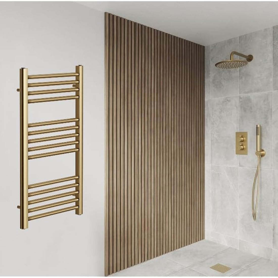 Greened House Brushed Brass Straight Heated Towel Rail 300mm W x 800mm H High Flat Central Heating Towel Radiator
