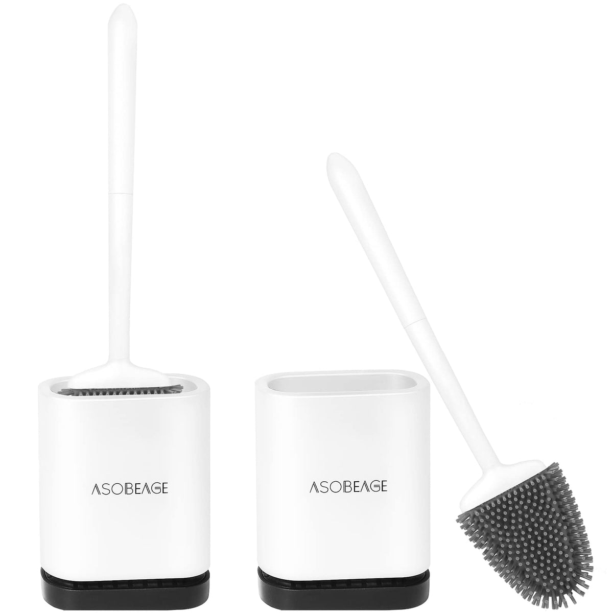 ASOBEAGE Silicone Toilet Brush: Flexible Head, Long Handle, Wall-mounted, Quick-drying Holder for Bathroom Clean (White, 2 Packs)