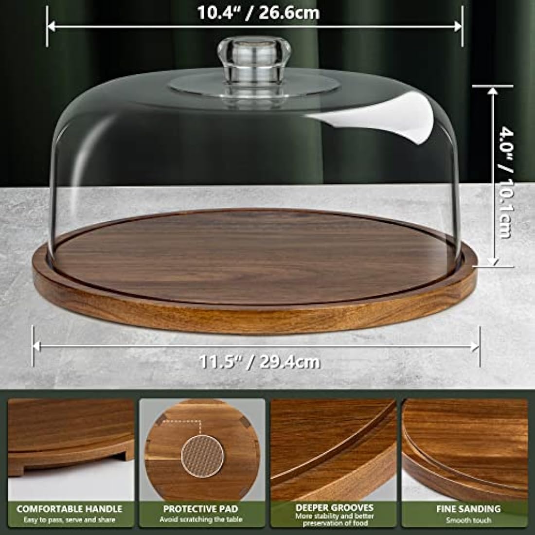 ANBOXIT Cake Stand with Dome Lid, Acacia Wood Cake Plate with Cover, Wooden Cake Display Stand with Acrylic Dome ( Flat )