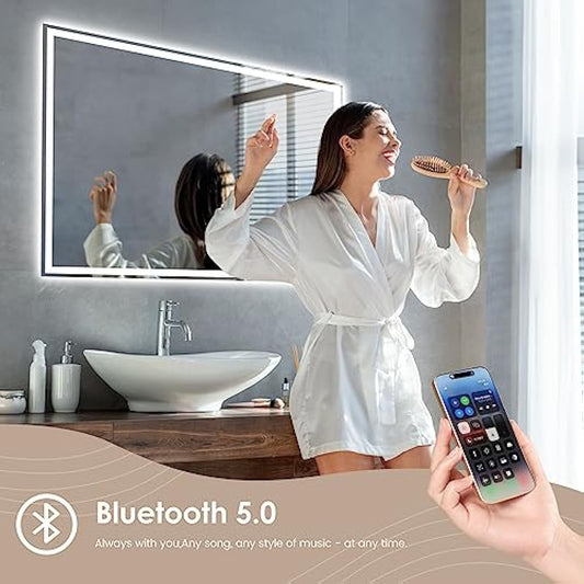 Dripex Bluetooth LED Bathroom Mirror with Shaver Socket, 500 * 700 MM Dimmable 3 Colors Illuminated Backlit Wall Mounted Bathroom Mirrors Anti-fog Vanity Mirror, Horizontal/Vertical