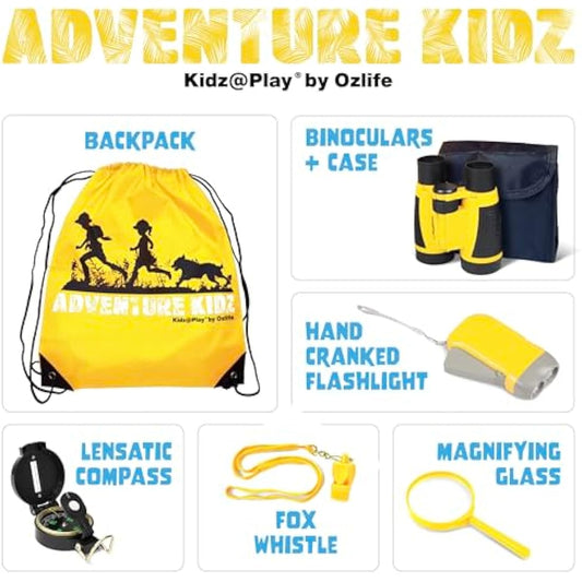 Adventure Kidz Outdoor Exploration Kit, Children’s Binoculars, Flashlight, Compass, Fox Whistle, Magnifying Glass, Backpack. Great Gift Set for Educational, Pretend Play, Ages 3-9 Boys Girls