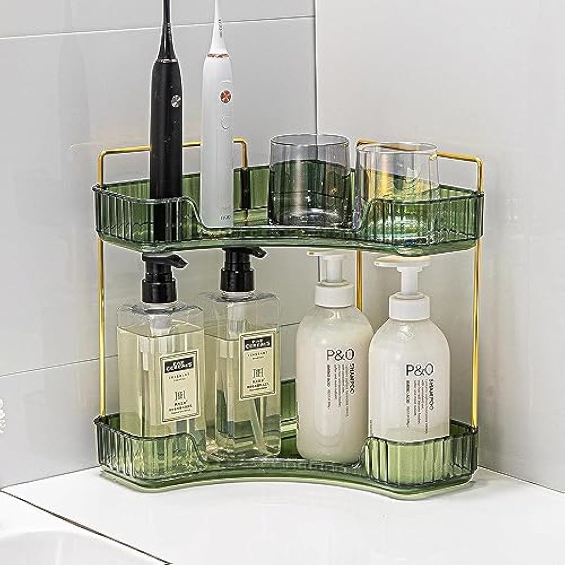 Baoswi 2-Tier Green Corner Makeup & Skincare Organiser, Perfume & Dressing Table Organiser, Triangle Corner Storage