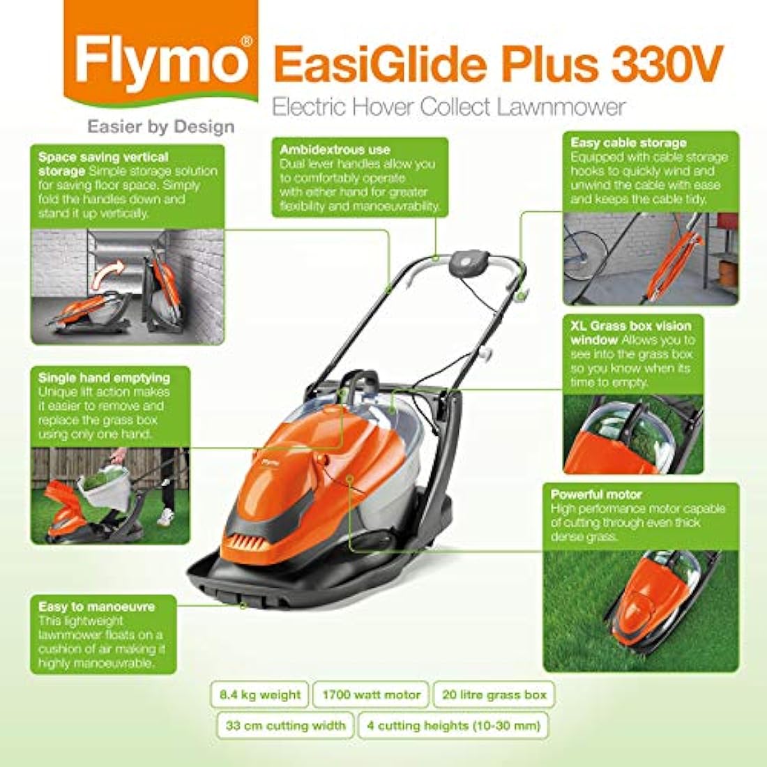 Flymo EasiGlide Plus 330V Hover Collect Lawn Mower - 1700W Motor, 33cm Cutting Width, 20 Litre Grass Box, Folds Flat, 10m Cable Length