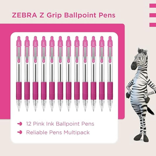 Zebra Pen Z Grip Pink Pens Ballpoint, Smooth & Comfortable Pens with Pocket Clip, Retractable Ballpoint Pens with Pink Ink, Reliable Biro Pens Multipack for Everyday Use - Medium Point, 12pk