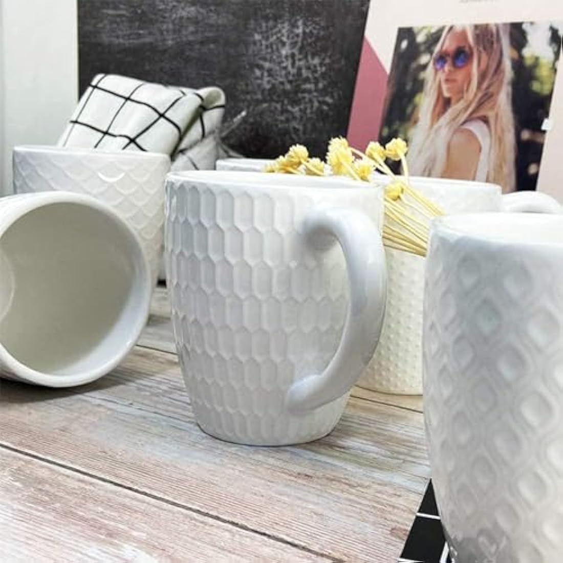 Hoikwo 12oz / 380ml Coffee Mugs Set of 6, White Bone China Mugs with Relief Pattern for Coffee, Tea, Latte, Milk, Cocoa, Juice and Other Hot Drinks