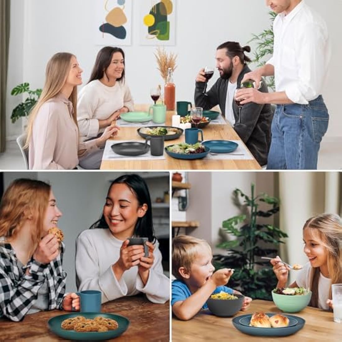 Greentainer Unbreakable Plastic Dinnerware Set, Lightweight Tableware with 4 Dinning Plates, 4 Dessert Plates, 4 Bowls, 4 Cups Kids & Adults, Service for 4, Dishwasher&Microwave Safe,16 Pcs