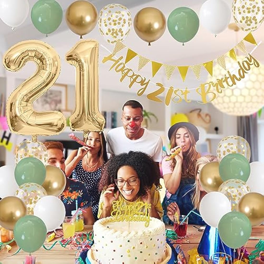Jobkoo 21st Birthday Decorations Him Her, Happy 21st Birthday Banner w/ Birthday Cake Topper Number 21 Foil Balloon Sage Green White Gold Birthday Balloons Men Women 21 Year Old Party Decoration