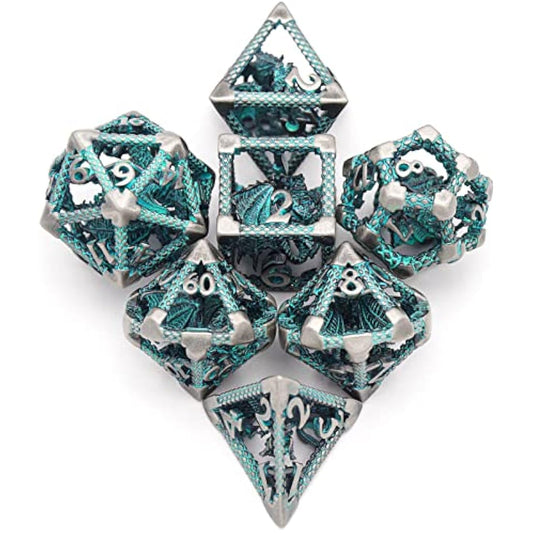 D&D Hollow Metal Polyhedral Dice Set for RPG and Tabletop Games - 3D Silver Blue