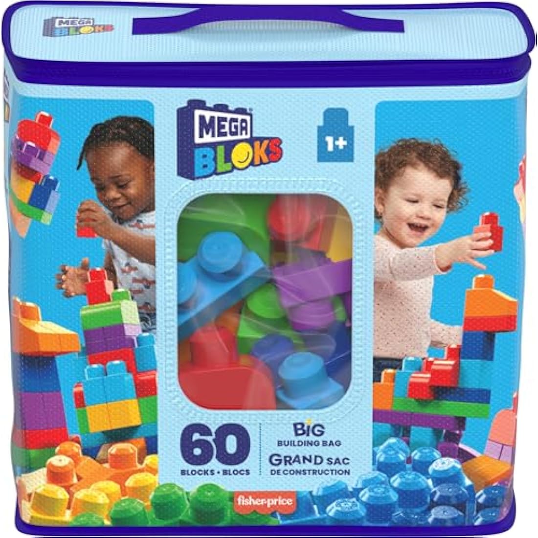 MEGA BLOKS Big Building Bag building set with 60 big and colorful building blocks, and 1 storage bag, toy gift set for ages 1 and up, DCH55