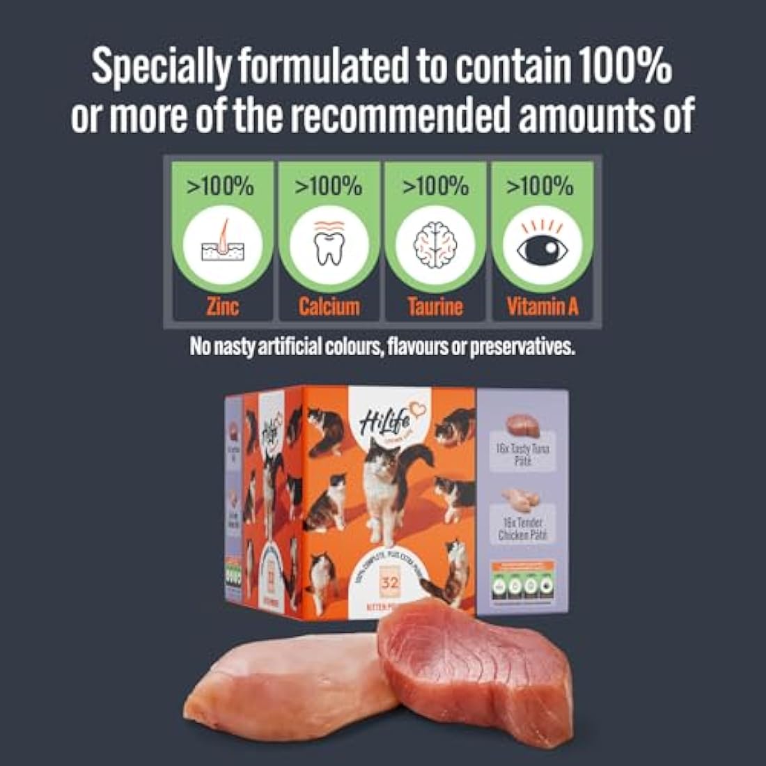 HiLife Kitten Wet Cat Food, Mixed Chicken & Tuna Pate Recipes, Complete Cat Food Pouches for Kittens 1 - 12 Months, 100% Natural & Grain Free (32 x 70g Pouches)