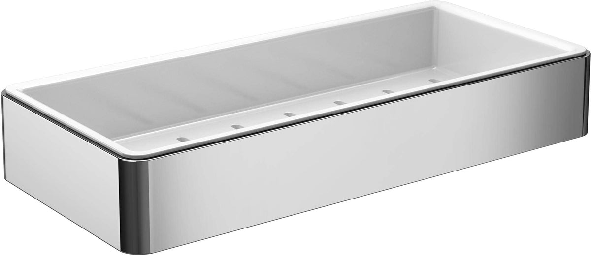 Emco Loft Screw-On Sponge Basket with Removable Plastic Insert, Aluminium & Plastic Shower Caddy for Bathroom Utensils, Chrome/White