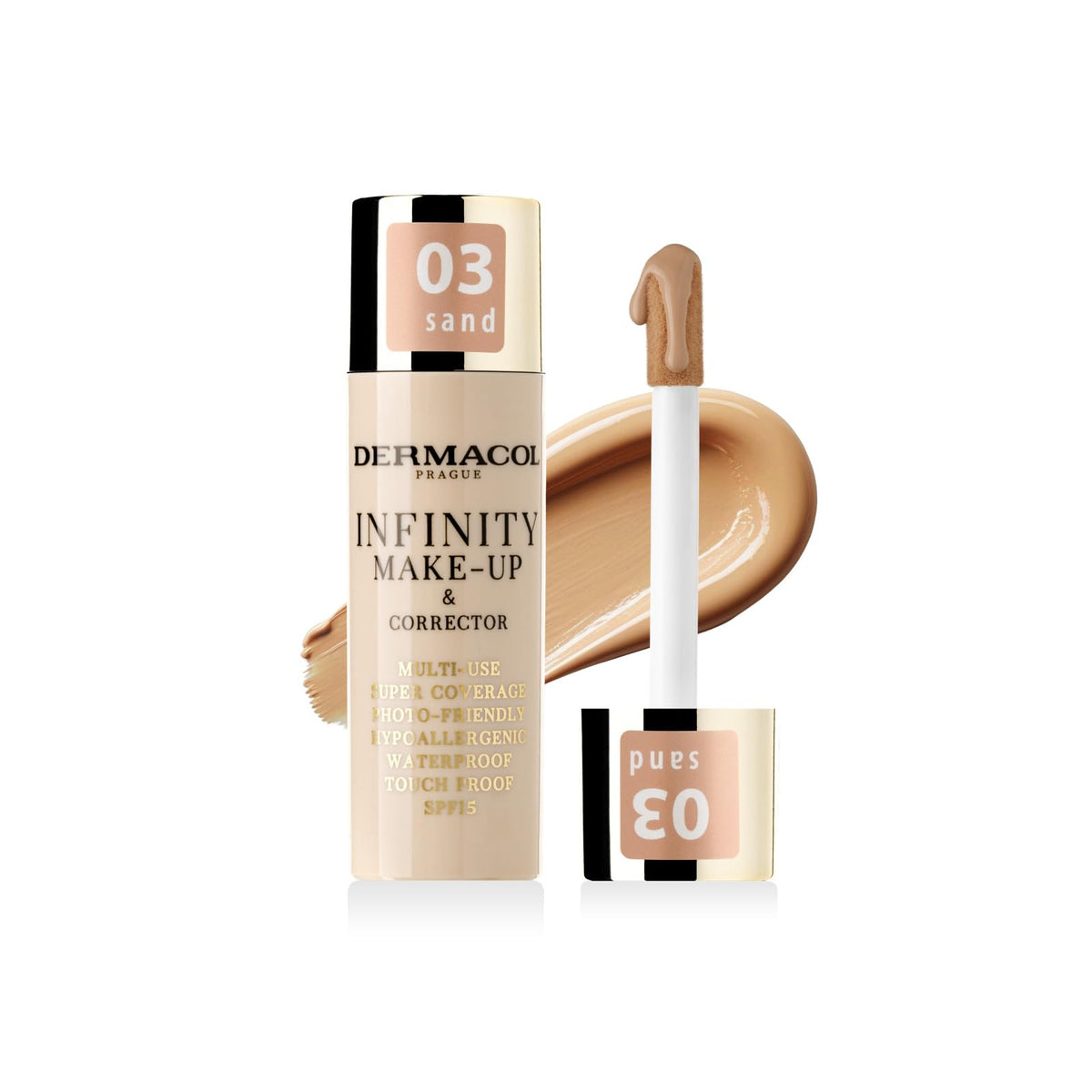 Dermacol Infinity make-up and corrector, Multi-use, Super coverage, Photo-friendly, Hypoallergenic, Waterproof, Touch proof, SPF 15, 03 - Sand