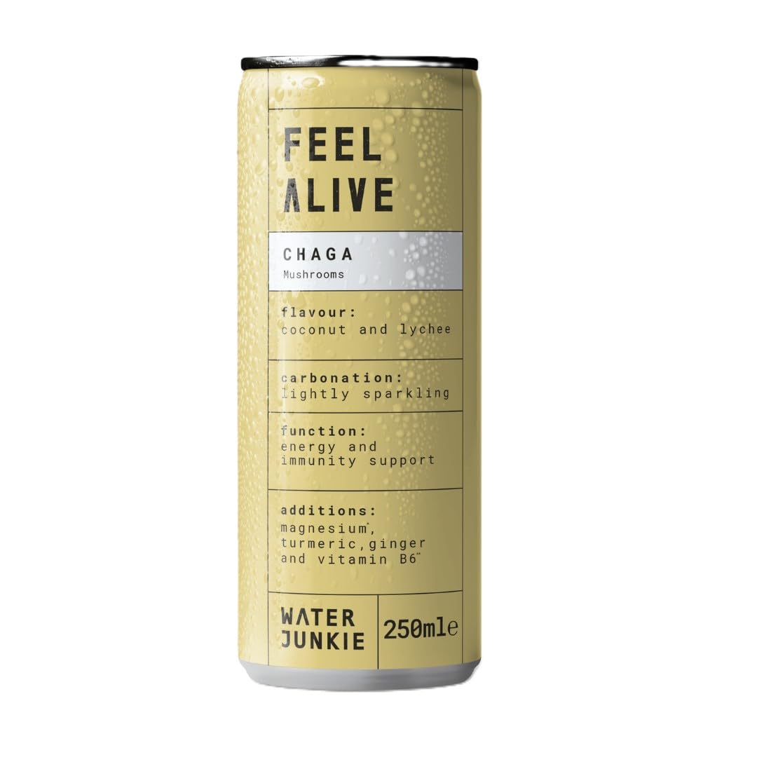 WaterJunkie FEEL ALIVE | Chaga Infused Sparkling Functional Mushroom Drink | Coconut & Lychee | 12x250ml