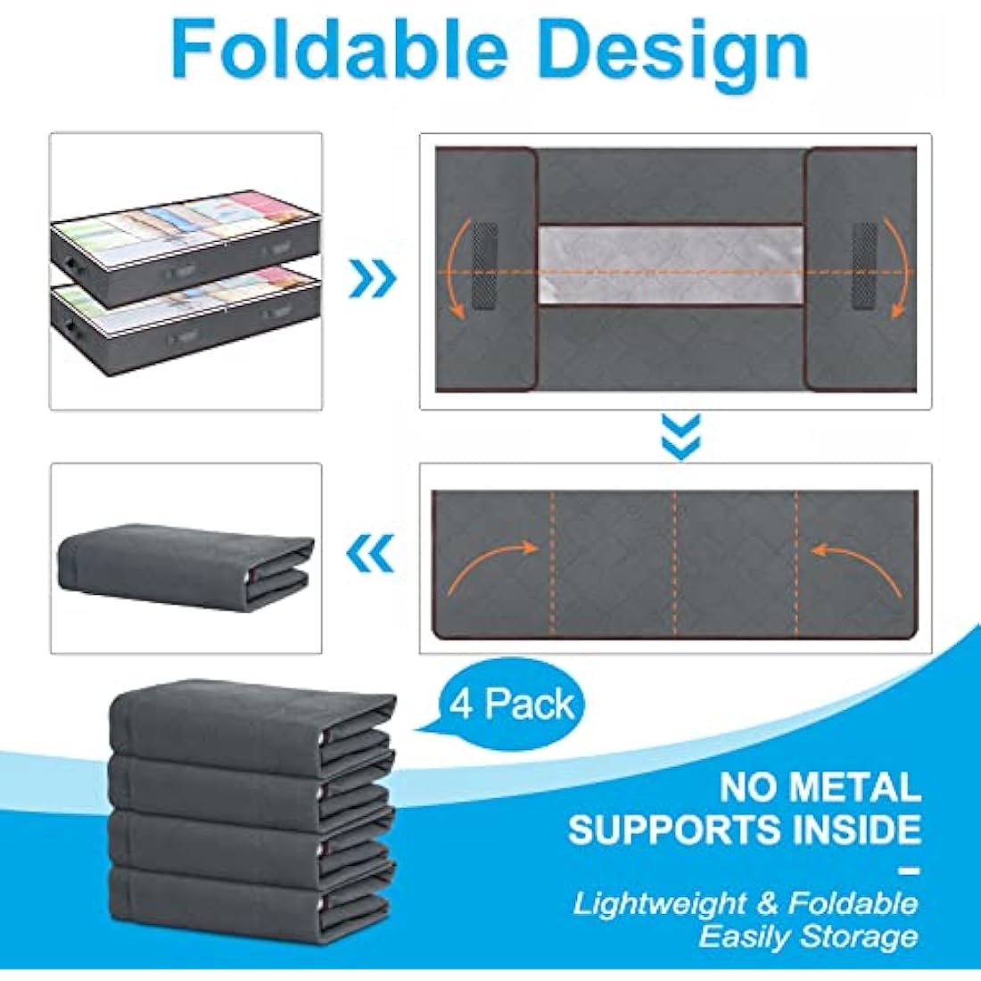 Budding Joy 4 Pack Underbed Storage, 90L Large Under Bed Storage Box with Lid, Clothes Storage Bags with Clear Window and Reinforced Handles for Blanket, Clothes, Comforters, Grey