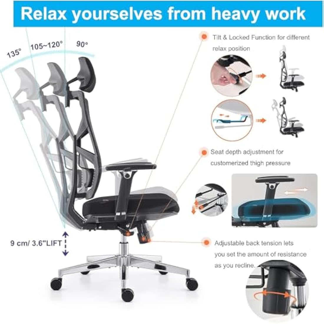 HOLLUDLE Ergonomic Office Chair with Adaptive Backrest, High Back Computer Desk Chair with 4D Armrests, Adjustable Seat Depth, Lumbar Support and 2D Headrest, Swivel Task Chair, Black