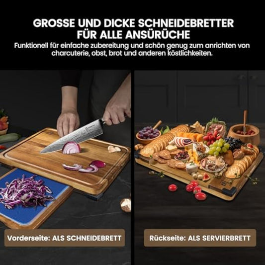 Piklohas Large Wooden Chopping Board Set For Kitchen, Acacia Wood Cutting Boards, Non Slip Feet,4 Plastic Mats, Ideal for Carving Meat Cutting Vegetables Cheeses and Bread With Juice Groove and Holder