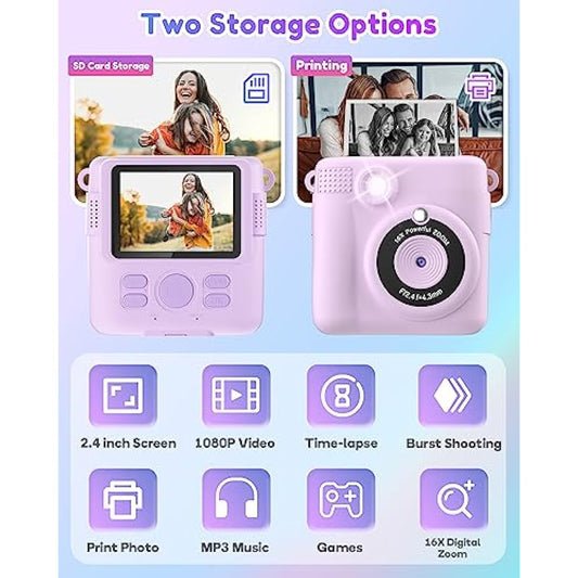YORKOO Kids Camera for Girls Boys, Instant Camera for Kids with Print Photo Paper, 1080P HD Digital Camera Toy, Birthday Gifts for 3 4 5 6 7 8 9 10 Years Old Girl, Video Recorder, 32GB SD Card