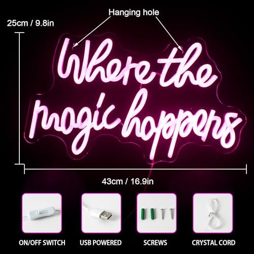 Where the Magic Happens Neon Signs Led Pink Word Light Up Signs For Wall USB Powered Letter Neon Light Signs Night Light For Bedroom Wedding Birthday Decor Girl Gift