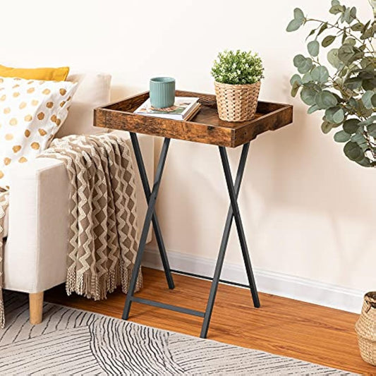 HOOBRO Folding TV Tray Tables for Eating, Snack Dinner Side Table with Removable Serving Tray, Foldable Bedside Occasional Coffee Table, Laptop Tables for Small Space, Rustic Brown EBF29BZ01