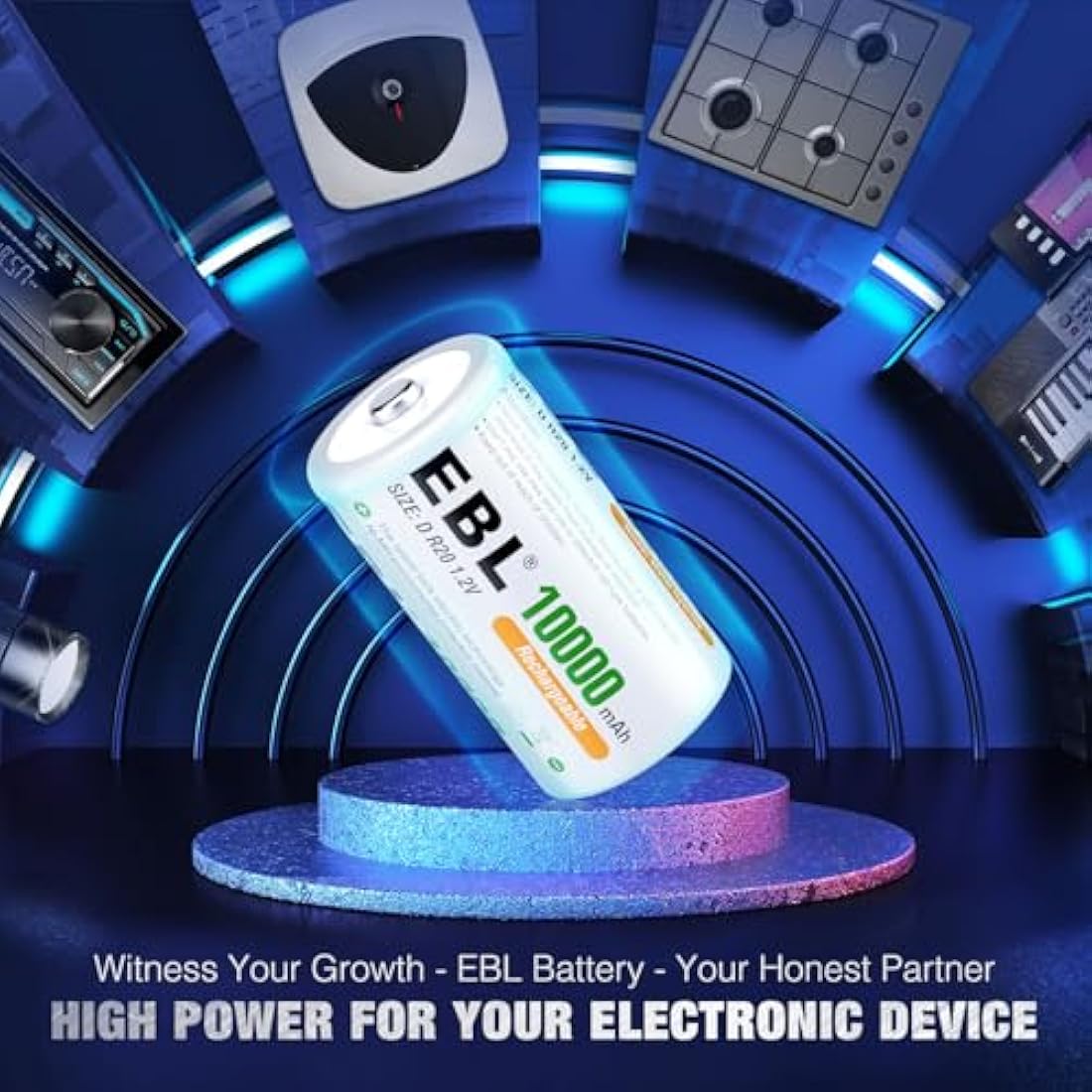 EBL 6 Counts D Rechargeable Batteries 10000mAh High-capacity D Size NiMH Batteries with Durable Storage Case for D Cell Rechargeable Batteries