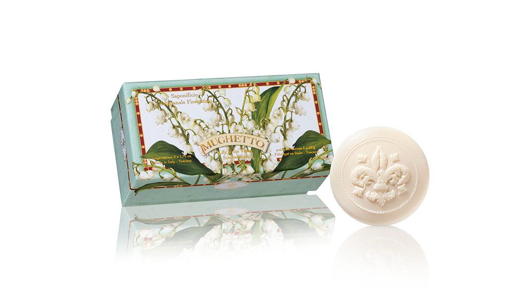 Lily of the valley Soap, box of 6 bars of round guest soaps carved with Florentine lily, 6 x 1.76 oz. by Saponificio Artigianale Fiorentino