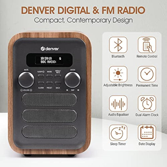 Denver DAB-48 Bluetooth DAB Radio With Remote Control - DAB/DAB+ Digital Radio Mains Powered – DAB Bluetooth Radio Speaker – DAB Alarm Clock – Grey With Large Remote Control