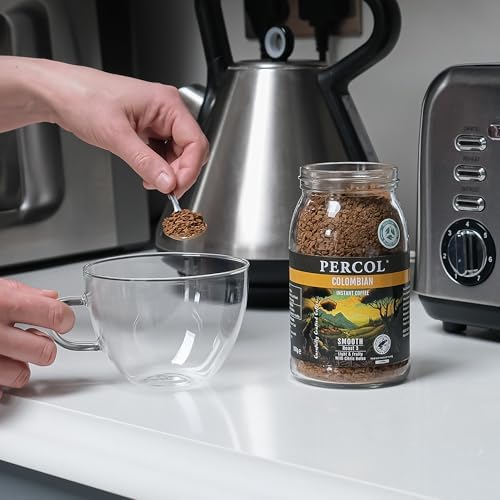 Percol - Smooth Colombian Instant Coffee (6x100g), 100% Hand-Picked Colombian Arabica, Freeze Dried, Light & Fruity Citrus Notes, Strength 3, Sustainable, Metal Lid, Recyclable, Rainforest Alliance