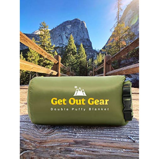 Get Out Gear Double Puffy Camping Blanket - Extra Puffy, Packable, Lightweight and Warm | Ideal for Outdoors, Travel, Stadium, Festivals, Beach, Hammock | Water-Resistant Camp Quilt (Olive/Orange)