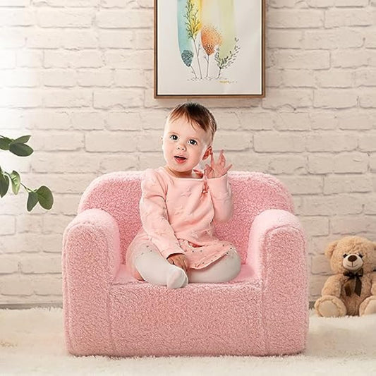 BEJOY Kids Sofa Ultra-Soft Snuggle Foam Filled Chair, Single Cuddly Sherpa Reading Couch for Boys and Girls, Pink