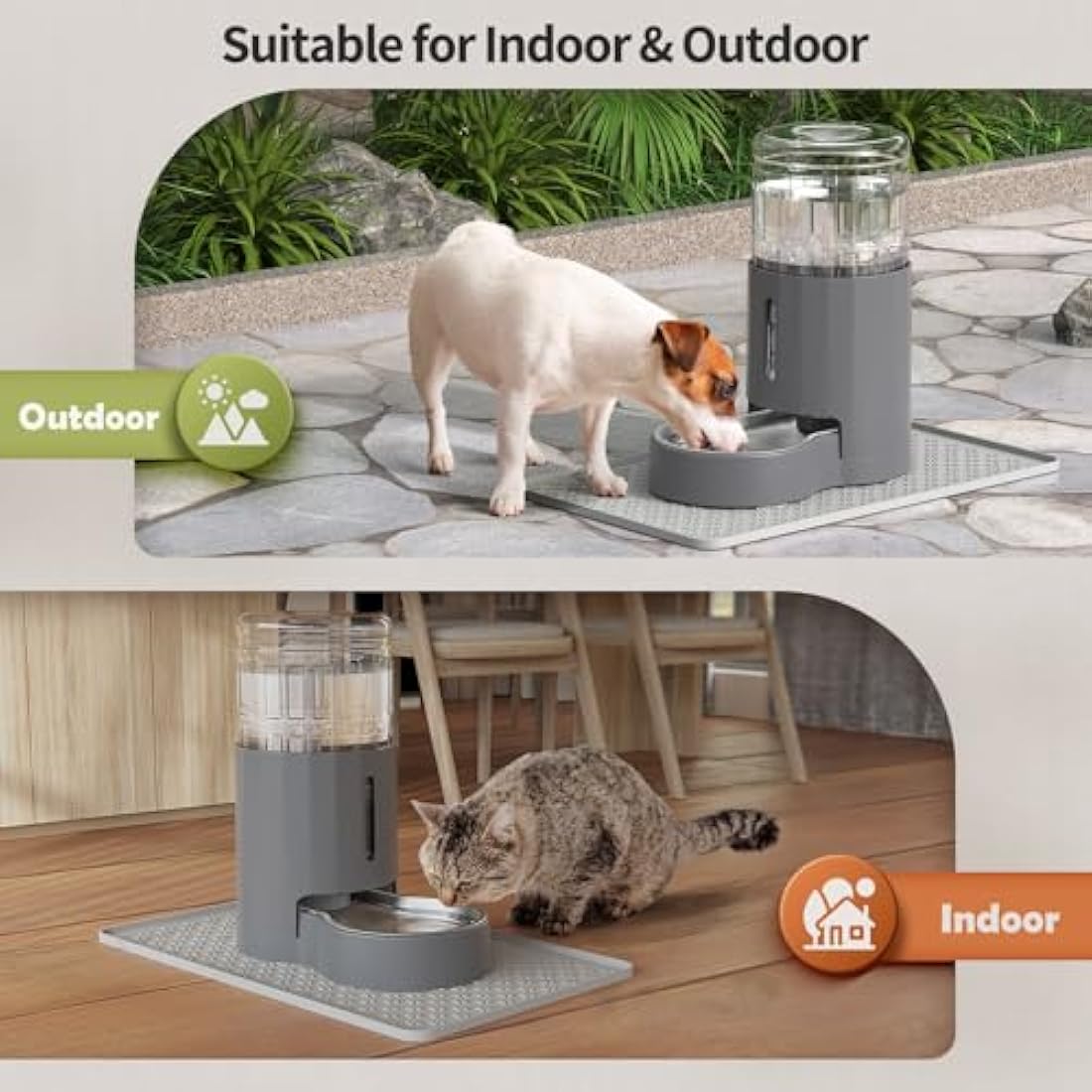JUNSPOW Cat Water Dispenser with Placemat and Stainless Steel Bowl, Automatic Gravity Water Dispenser for Cats or Small Medium Size Dogs, Large Capacity, Easy to Clean and Safe for Pets (4L)