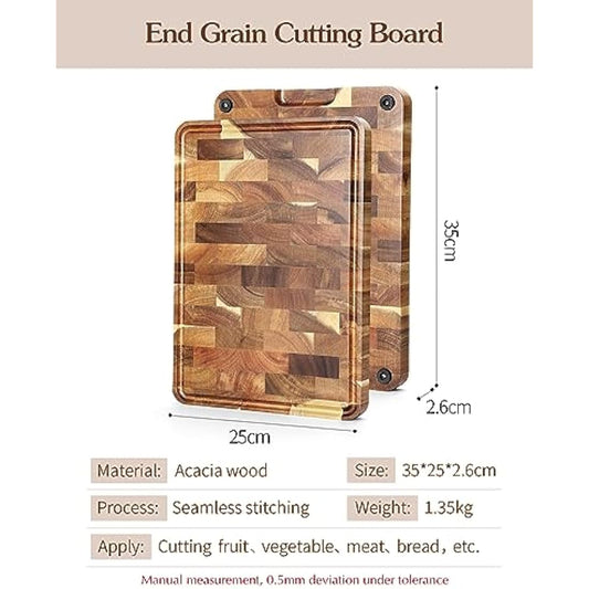 XINZUO Acacia Wood Cutting Board for Kitchen End Grain (13.8''L x 9.8''W x 1''T)-Wooden Chopping Board Meat Cutting Board with Non-Slip Feet, Side Handles and Juice Groove