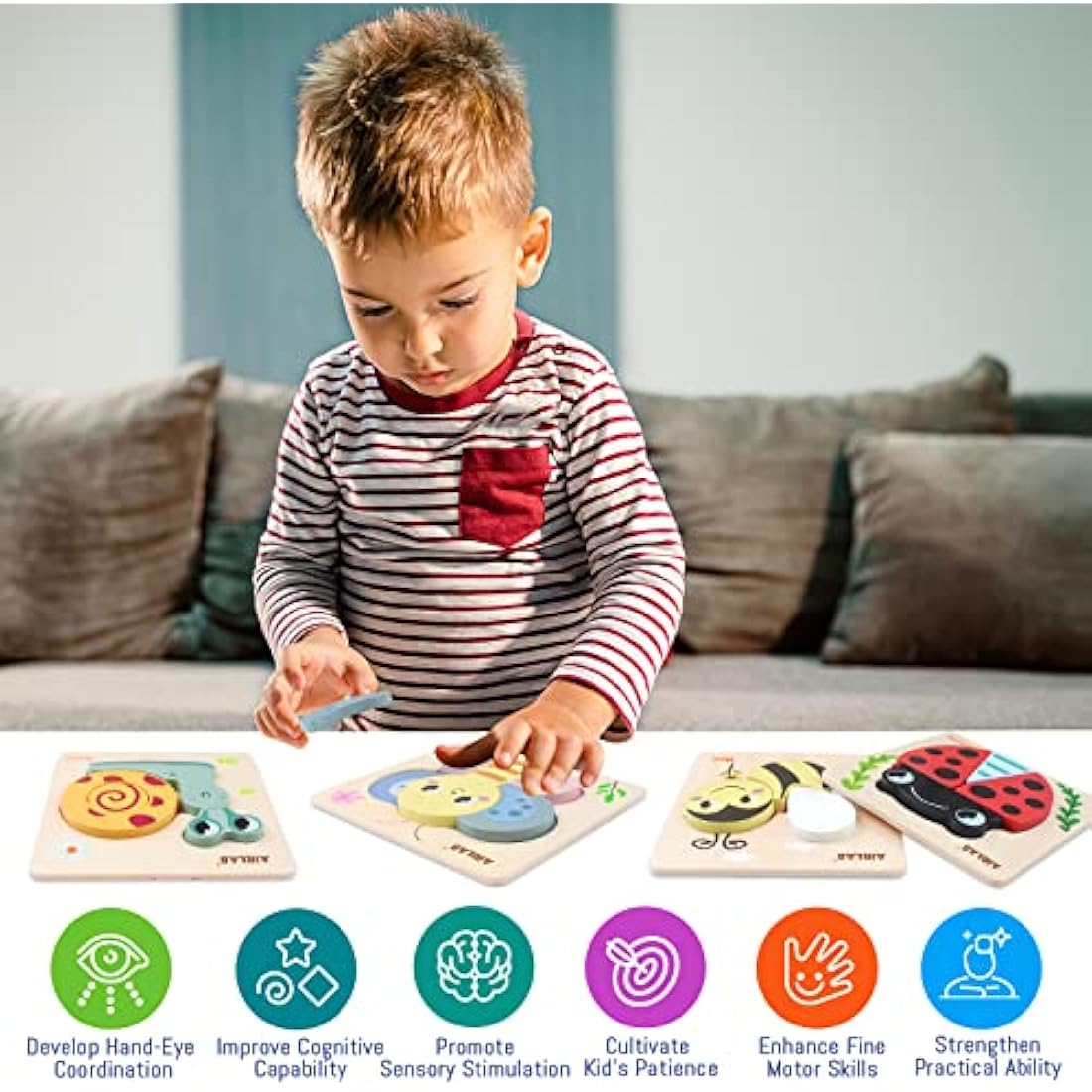Airlab Wooden Jigsaw Puzzle for Kids, Garden Animals Chunky Shape Puzzles for Toddlers Over 1 2 3 Year Olds, Baby Montessori Preschool Educational Learning Toys for Girls Boys, Children Handmade Toys