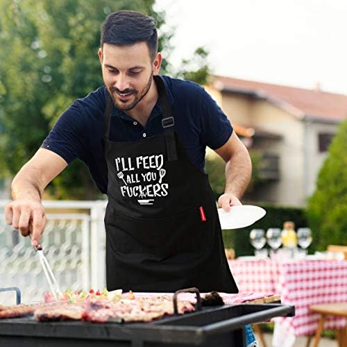 APRONPANDA I'll Feed All You - Funny Black BBQ Chef Aprons for Men Women with 2 Pockets - Gifts for Men, Birthday Gifts for Husband, Son, Boyfriend- Kitchen Cooking Grilling Apron