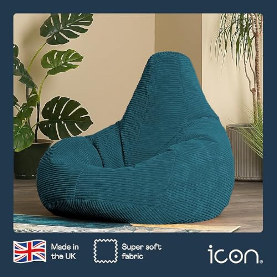 icon Dalton Cord Recliner Bean Bag, Teal Green, Large Adult Bean Bag Chair with Filling Included, Comfy Chair, Living Room Furniture, Bedroom Furniture