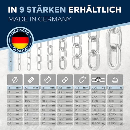 100 m 2 mm thick safety chain, sold by the metre, V4A, iron chain, short links in one piece, barrier chain, A4, DIN 56856, stainless steel, DIN 766, stainless steel chain, metal 100 m