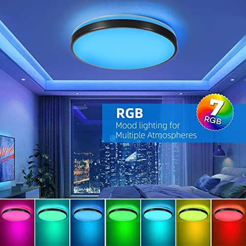 Horevo 24W Bluetooth Ceiling Light with Speaker 12inch, Music LED Ceiling Light with Black Bezel and Remote Control, Dimmable RGB Colour Changing for Kids Room Bathroom (Black)