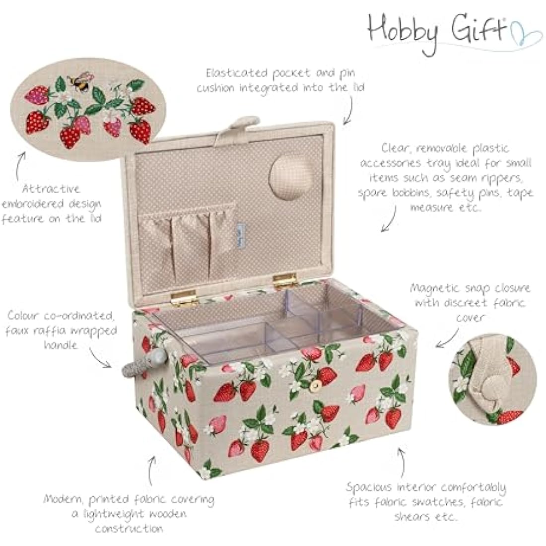 Hobby Gift Exclusive Medium Sewing Craft Hobby Storage Box, Accessories Tray Pin Cushion Pocket PVC Handle Embroidered Lid 18.5 x 25.5 x 14.5cm, Embroidered Strawberries
