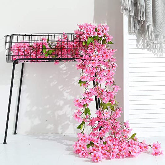 JUSTOYOU 2 Pcs 5.7FT Artificial Flowers Cherry Blossom Sakura Hanging Vine Fake Sakura Garland Fake Oriental Cherry Wreath Home Garden Party Wedding Decor(Rose Red)