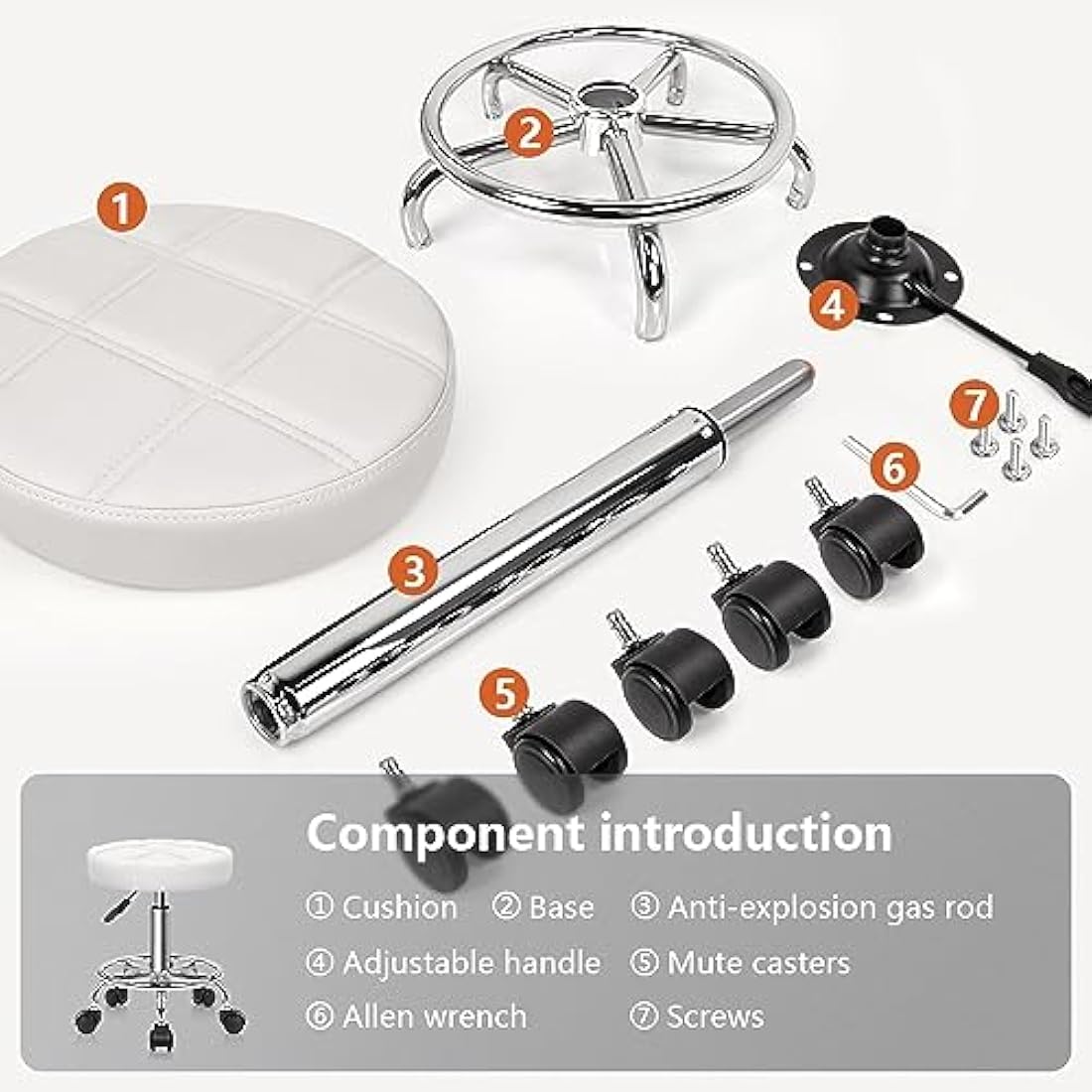 KKTONER Round Rolling Stool Chair PU Leather Height Adjustable Swivel Drafting Work SPA Shop Salon Stools with Wheels Office Chair Small (White)