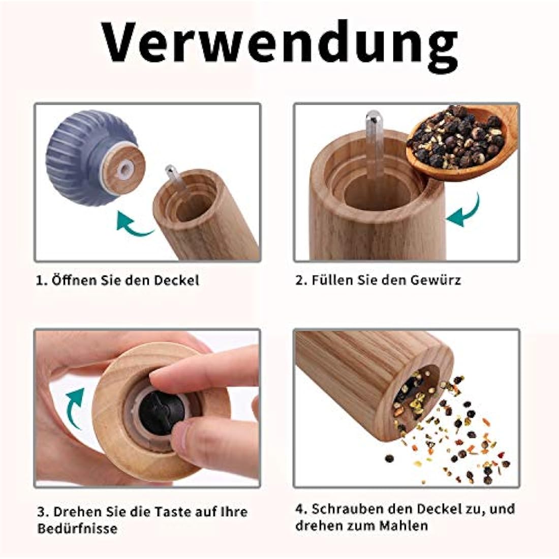 HAIPUSEN Salt and Pepper Mill Set - Wood and Ceramic Pepper Grinder Spice Mill with Adjustable Coarseness, 17.5 cm (with Tray)