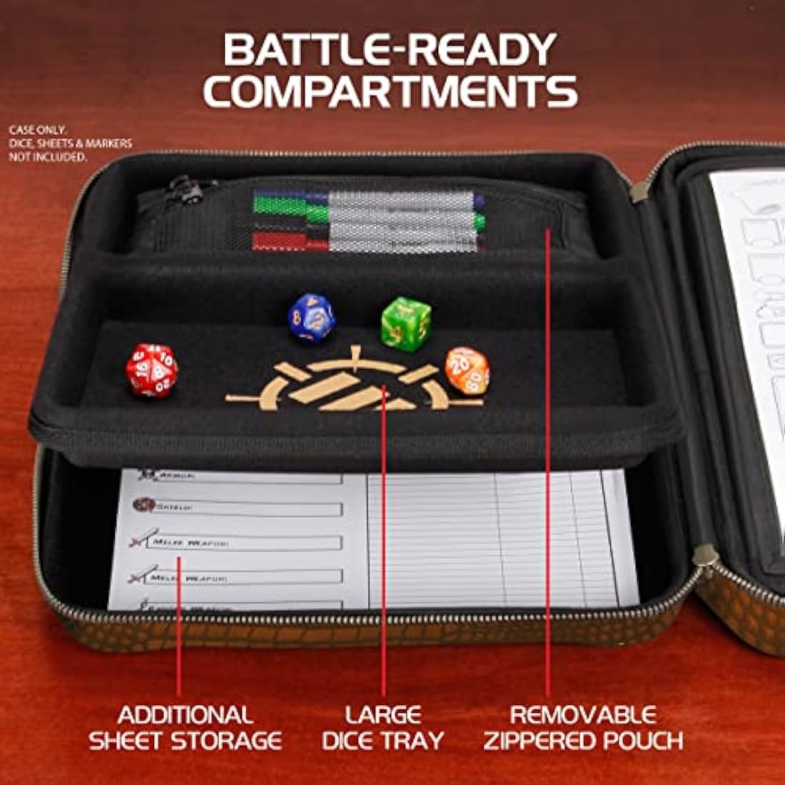 ENHANCE Collector's Edition RPG Organizer Case - DnD Binder with Built-in Character Sheet Holder and Erasable Scribe Panel, Dice Rolling Area, Removable Pen Pouch, Miniature Foam Tray (Dragon Brown)