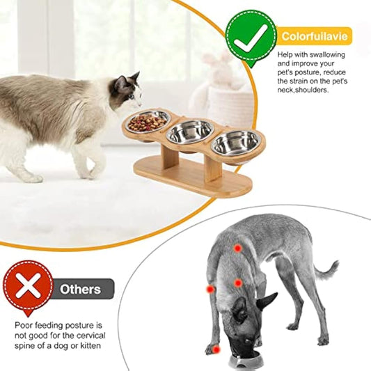 GHIAKQYT Cat Feeding Station, 3 Bowls, Raised Cat Bowl, Set of 3, Height Adjustable, Feeding Bowl with Wooden Stand, Stainless Steel Bowls for Water Food, Feeding Bowl for Cats, Small Dogs